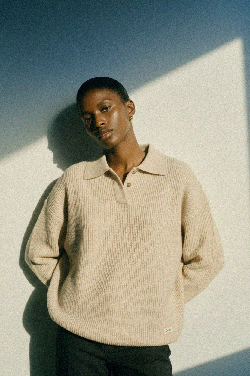 Beige Ribbed Knit Polo Sweater zdjęcie 3