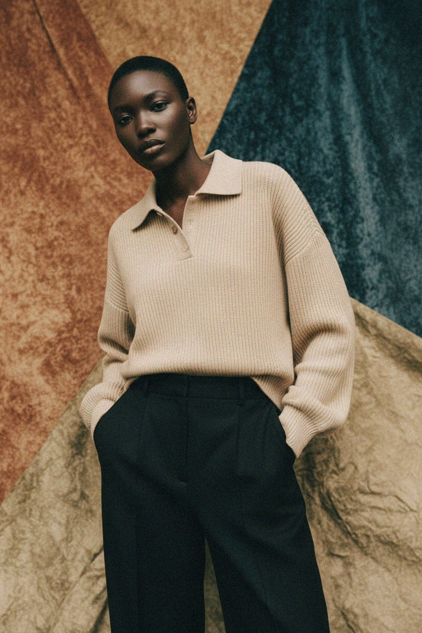 Beige Ribbed Knit Polo Sweater zdjęcie 4