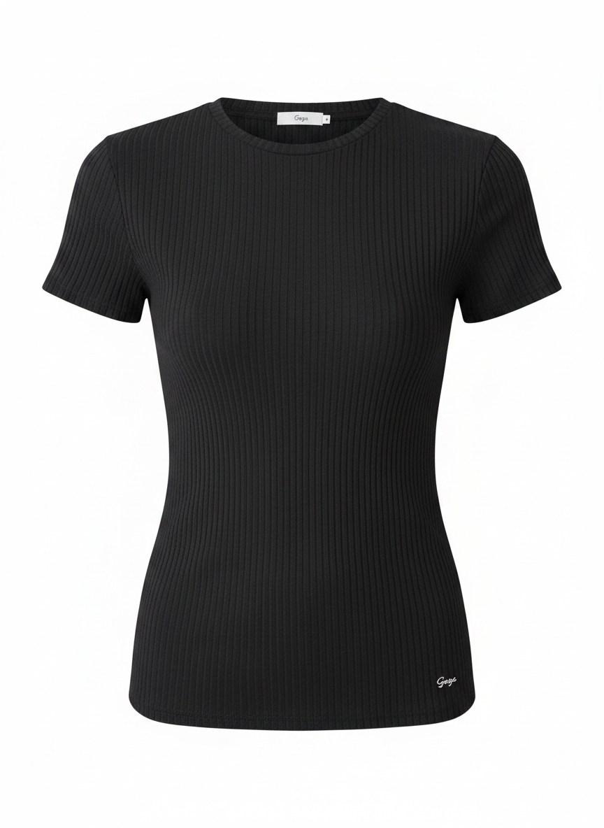 Czarny prążkowany dopasowany T-shirt z krótkim rękawem zdjęcie 1