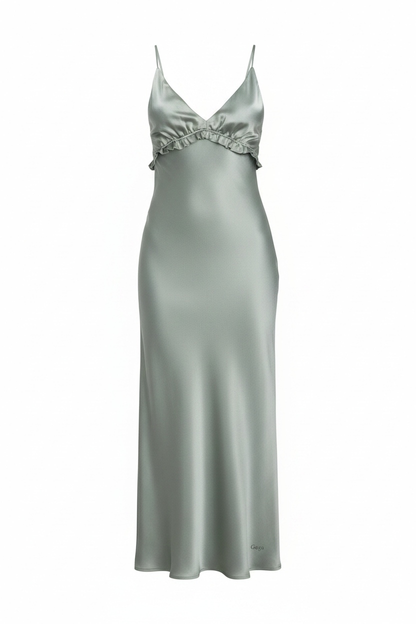 Elegancka satynowa sukienka maxi z falbanką zdjęcie 1