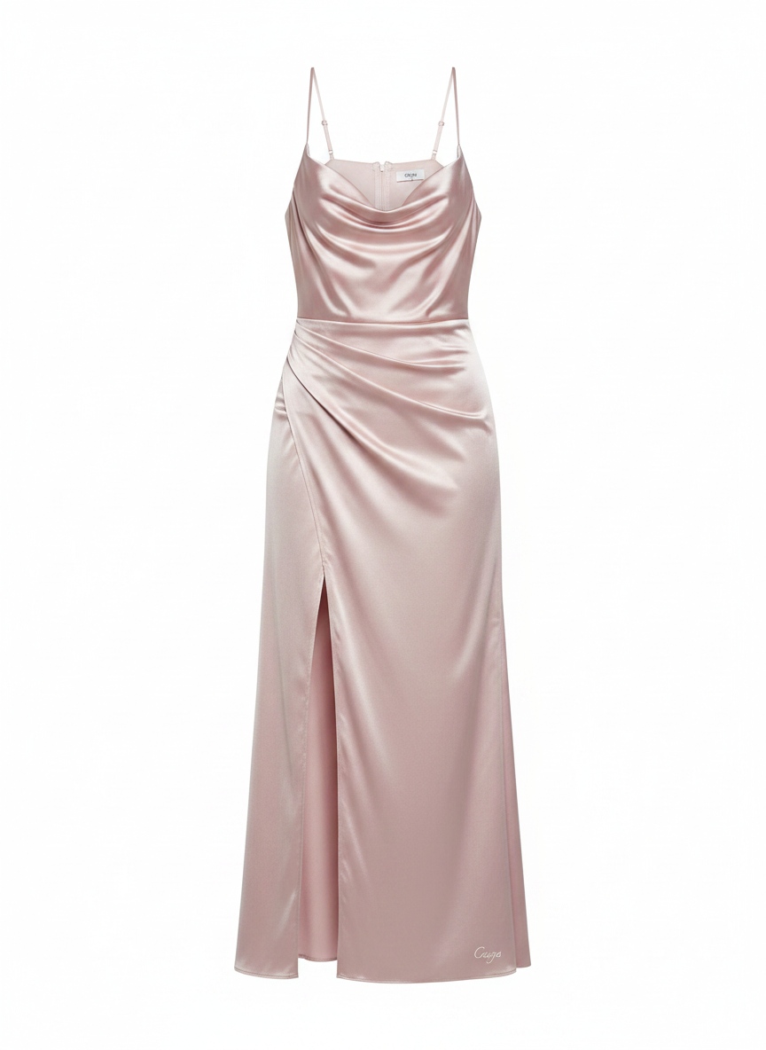 Elegancka różowa satynowa sukienka maxi z dekoltem typu cowl neck i rozcięciem zdjęcie 1