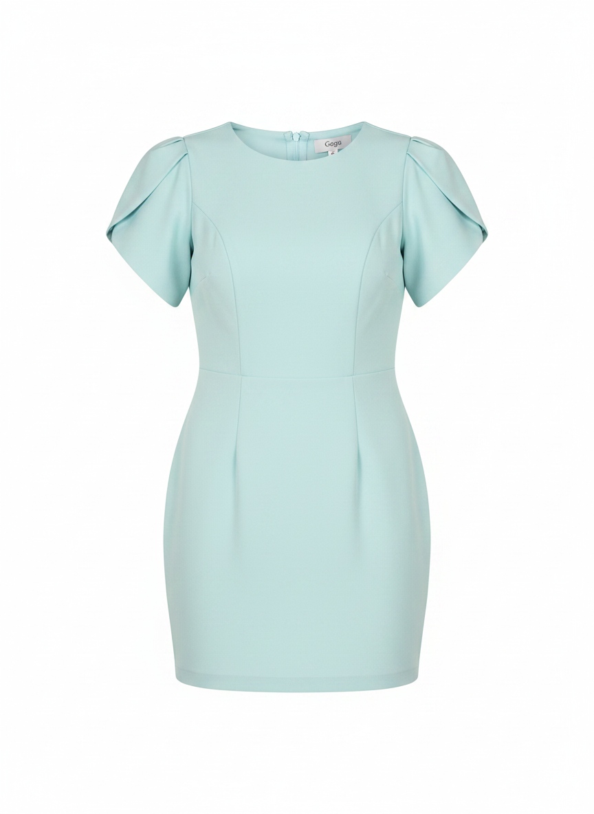 Elegancka miętowo-niebieska sukienka mini z usztywnianymi rękawami zdjęcie 1