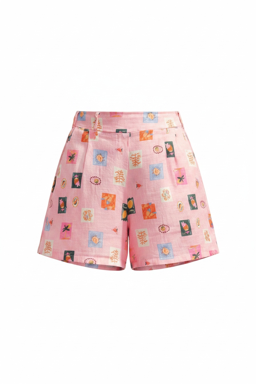 Pink Patterned Linen Blend Casual Shorts zdjęcie 1