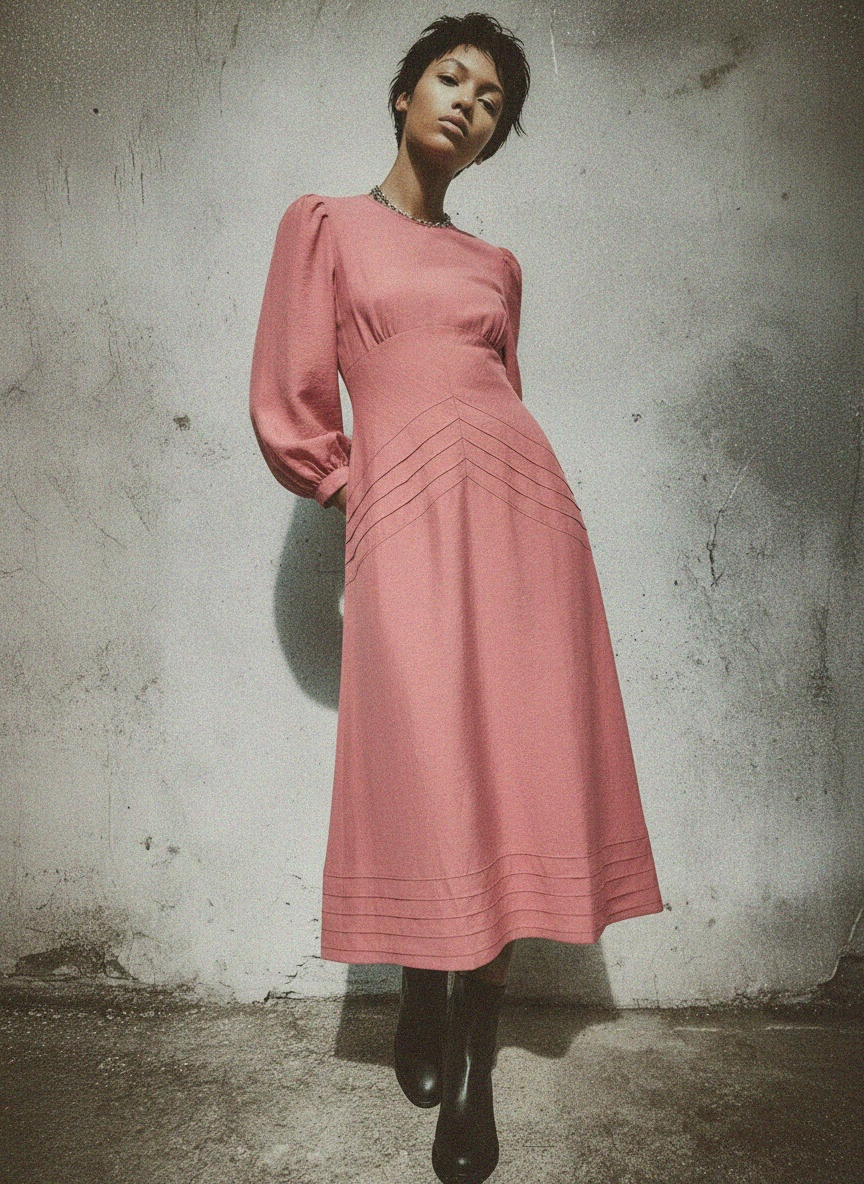 Dusty Rose Midi Dress with Long Sleeves zdjęcie 4