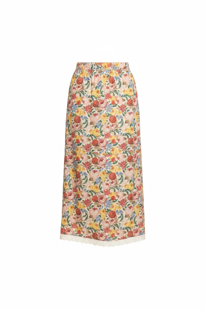 Floral Print Midi Skirt with Delicate Lace Hem zdjęcie 1