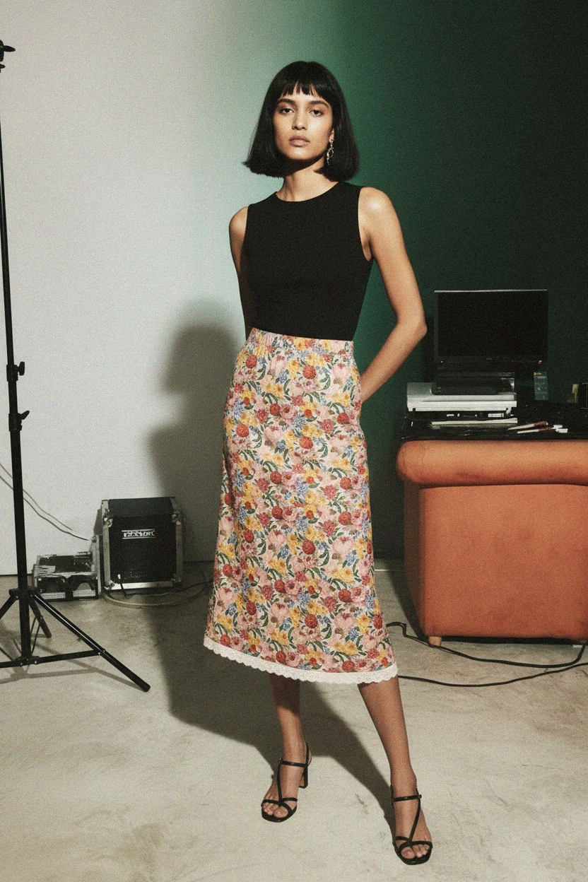 Floral Print Midi Skirt with Delicate Lace Hem zdjęcie 2