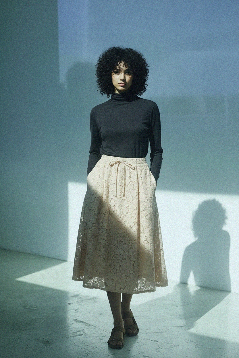 Beige Crochet Lace Midi Skirt zdjęcie 2