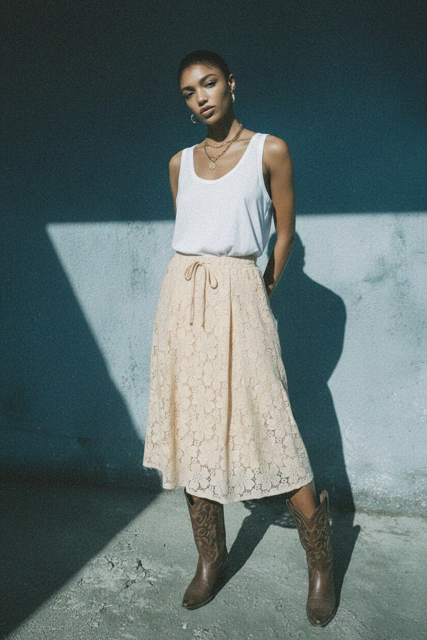 Beige Crochet Lace Midi Skirt zdjęcie 3