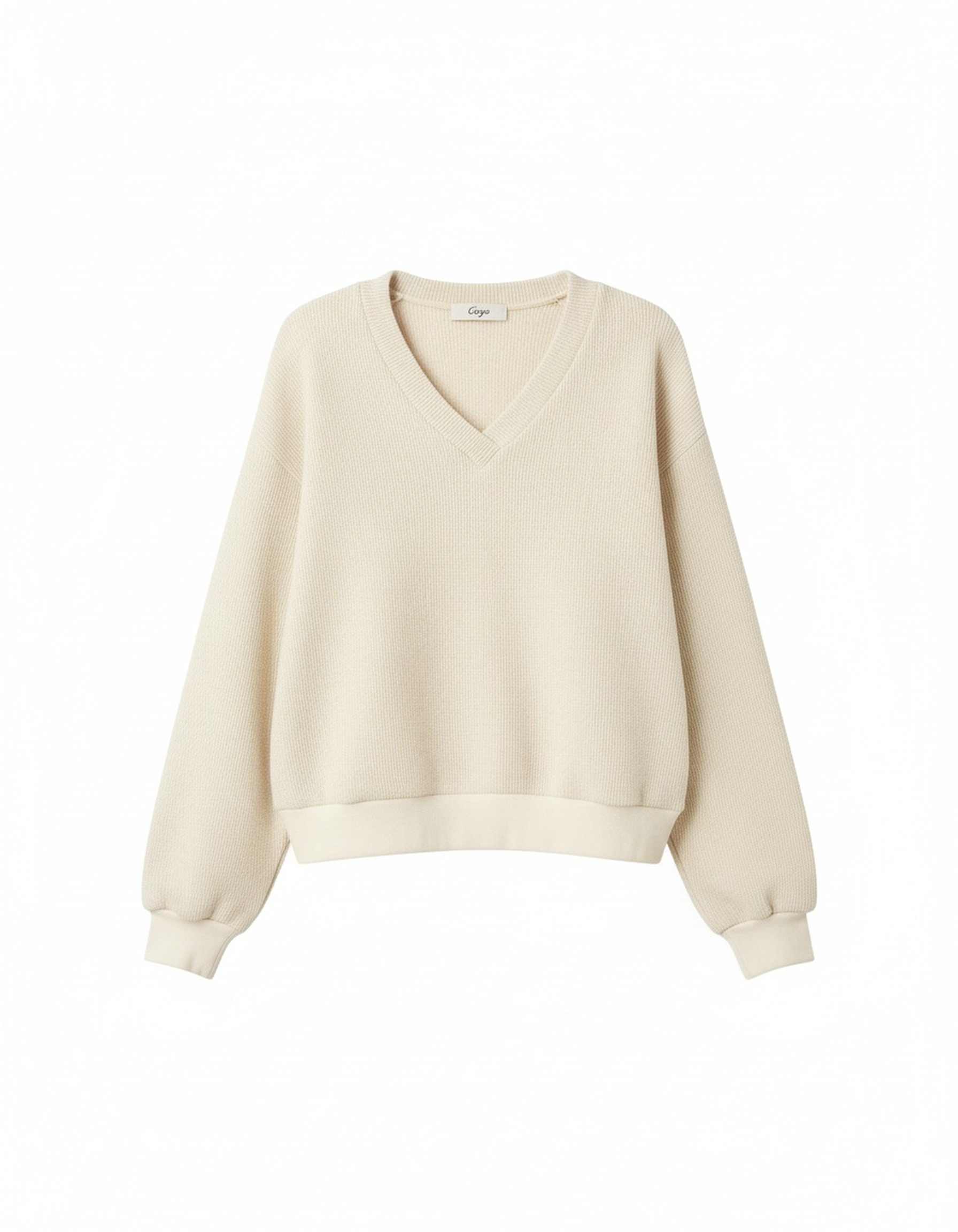 Beige V-Neck Relaxed Knit Sweater zdjęcie 1