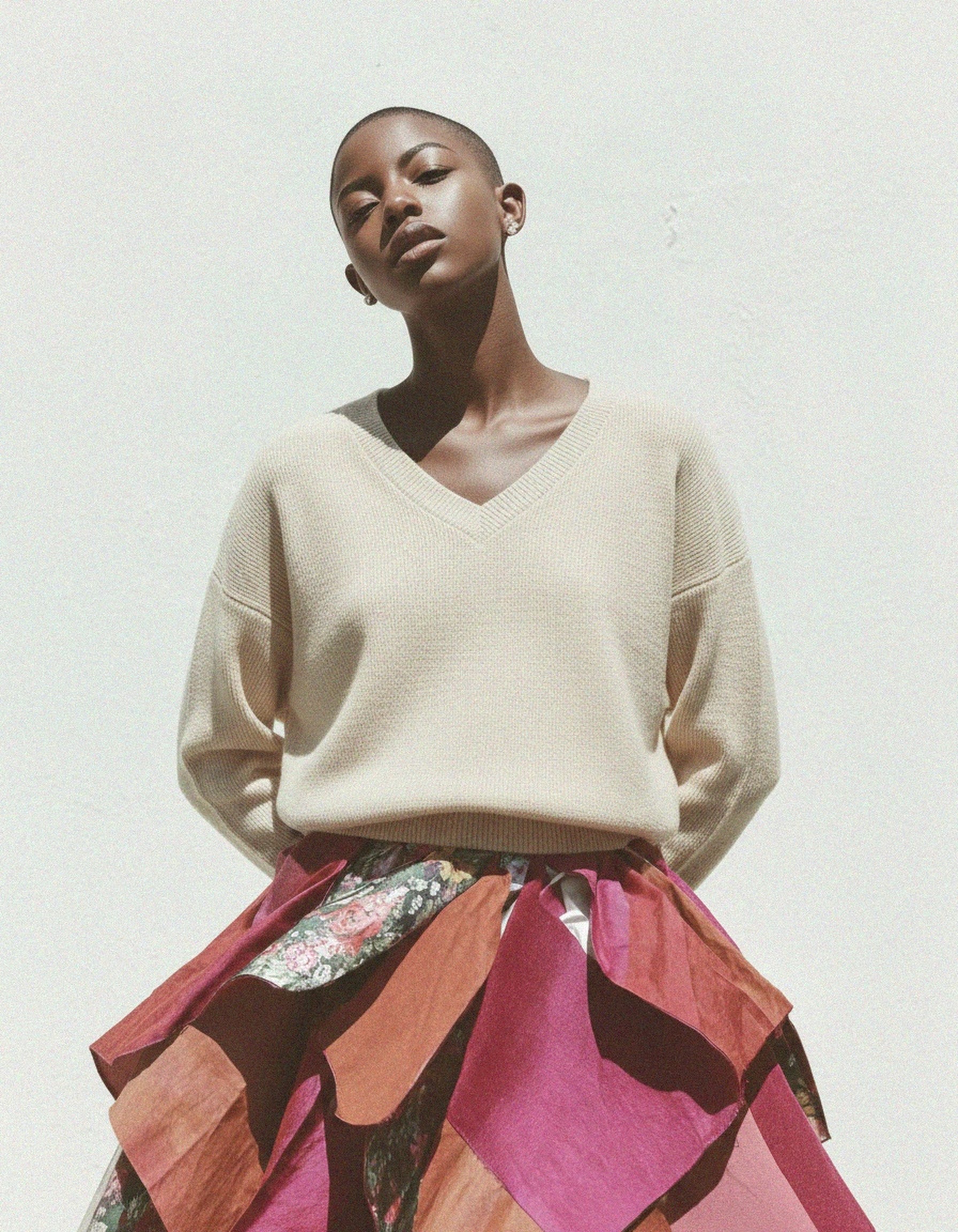 Beige V-Neck Relaxed Knit Sweater zdjęcie 2