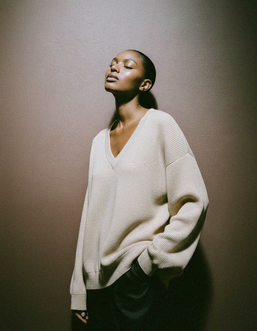 Beige V-Neck Relaxed Knit Sweater zdjęcie 3