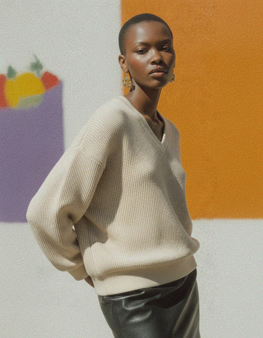 Beige V-Neck Relaxed Knit Sweater zdjęcie 4