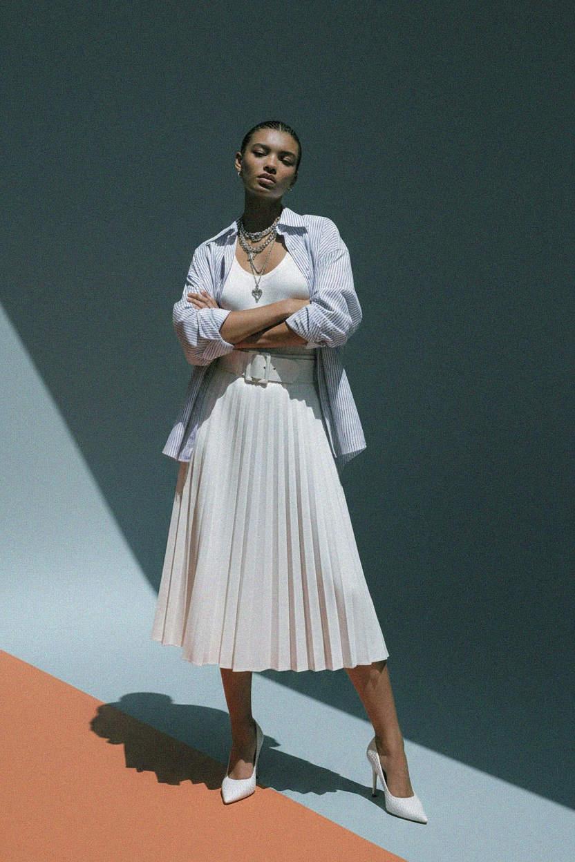 Elegant White Pleated Midi Skirt zdjęcie 3
