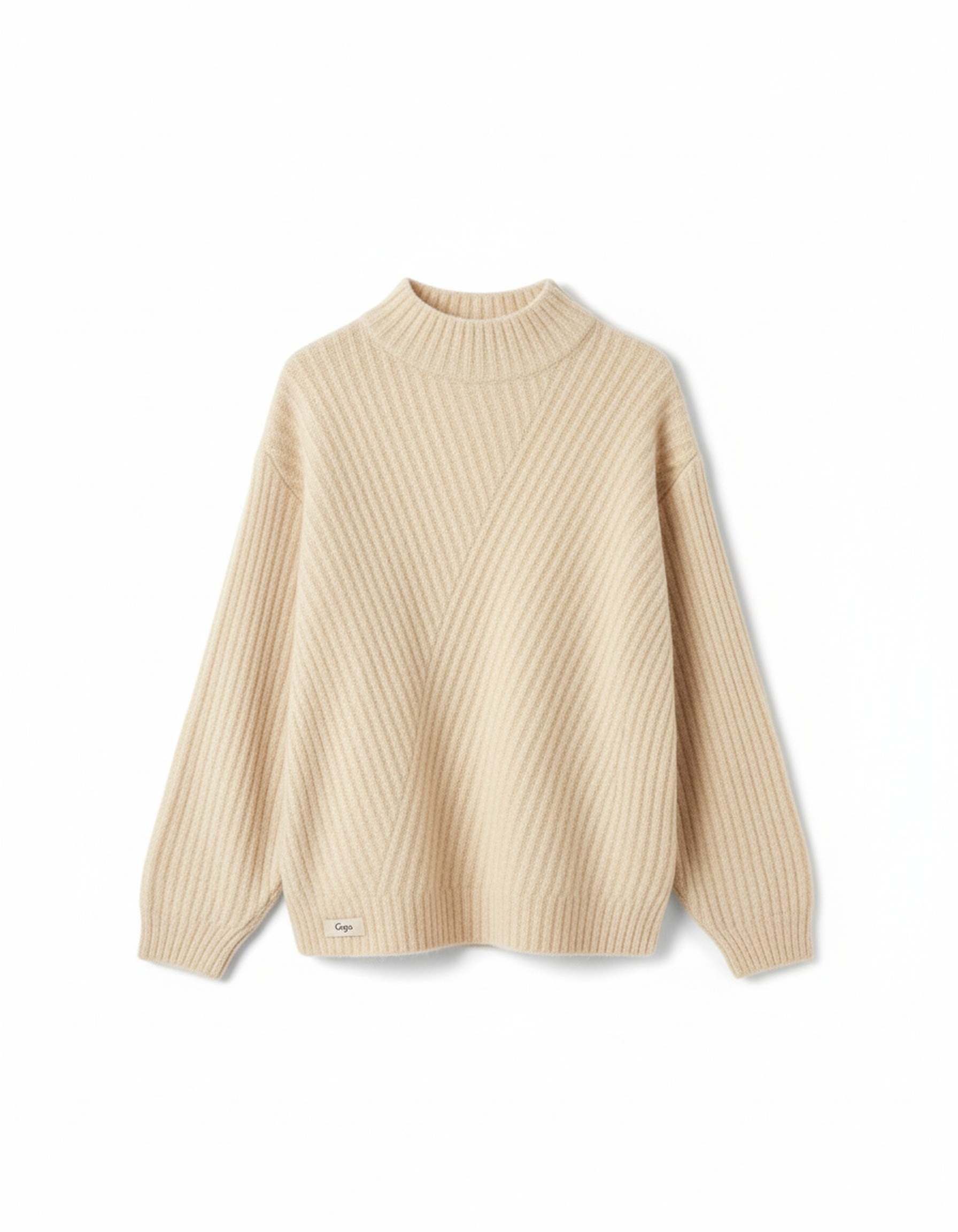 Beige Ribbed Knit Mock Neck Sweater zdjęcie 1