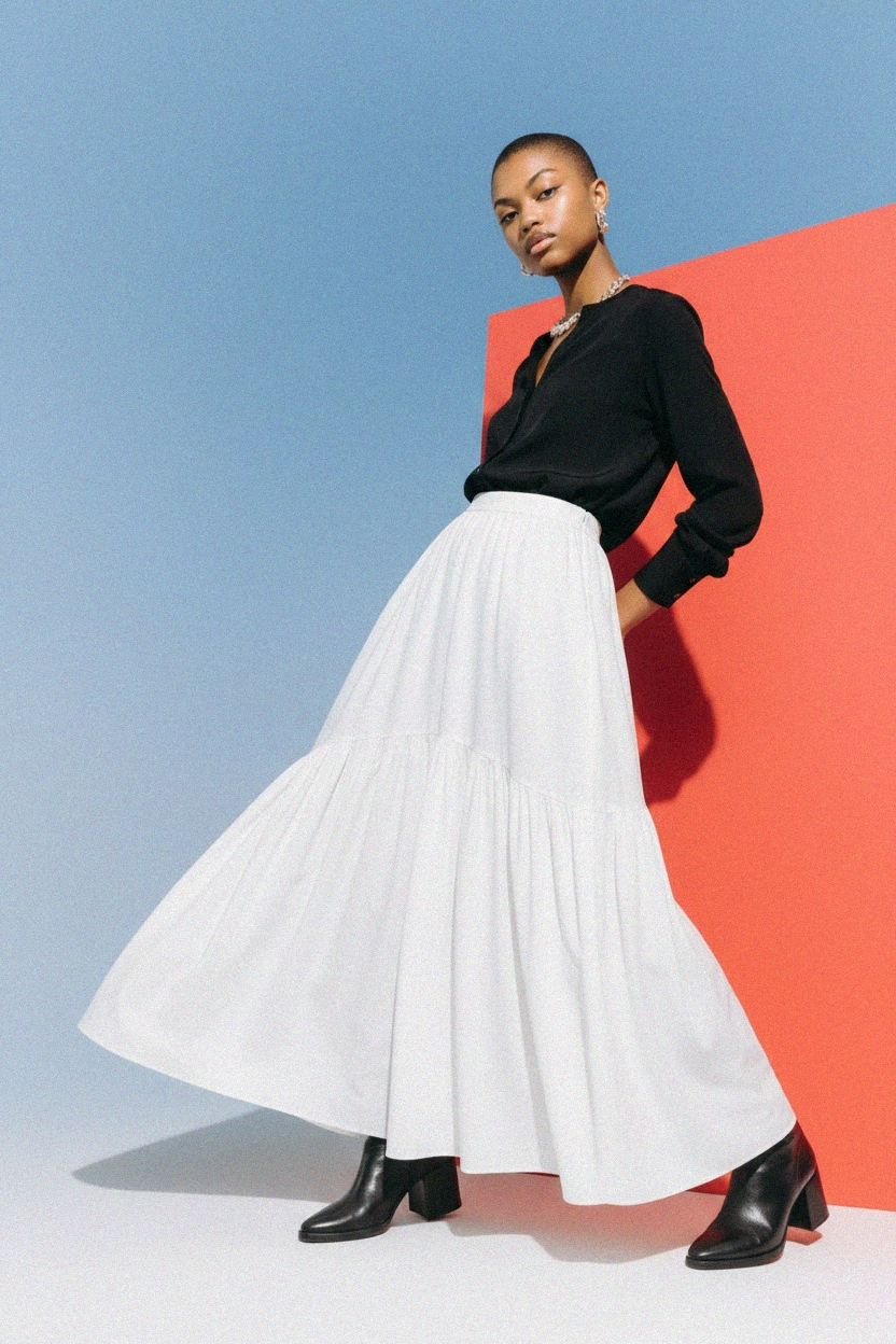 Flowy White Tiered Maxi Skirt zdjęcie 2