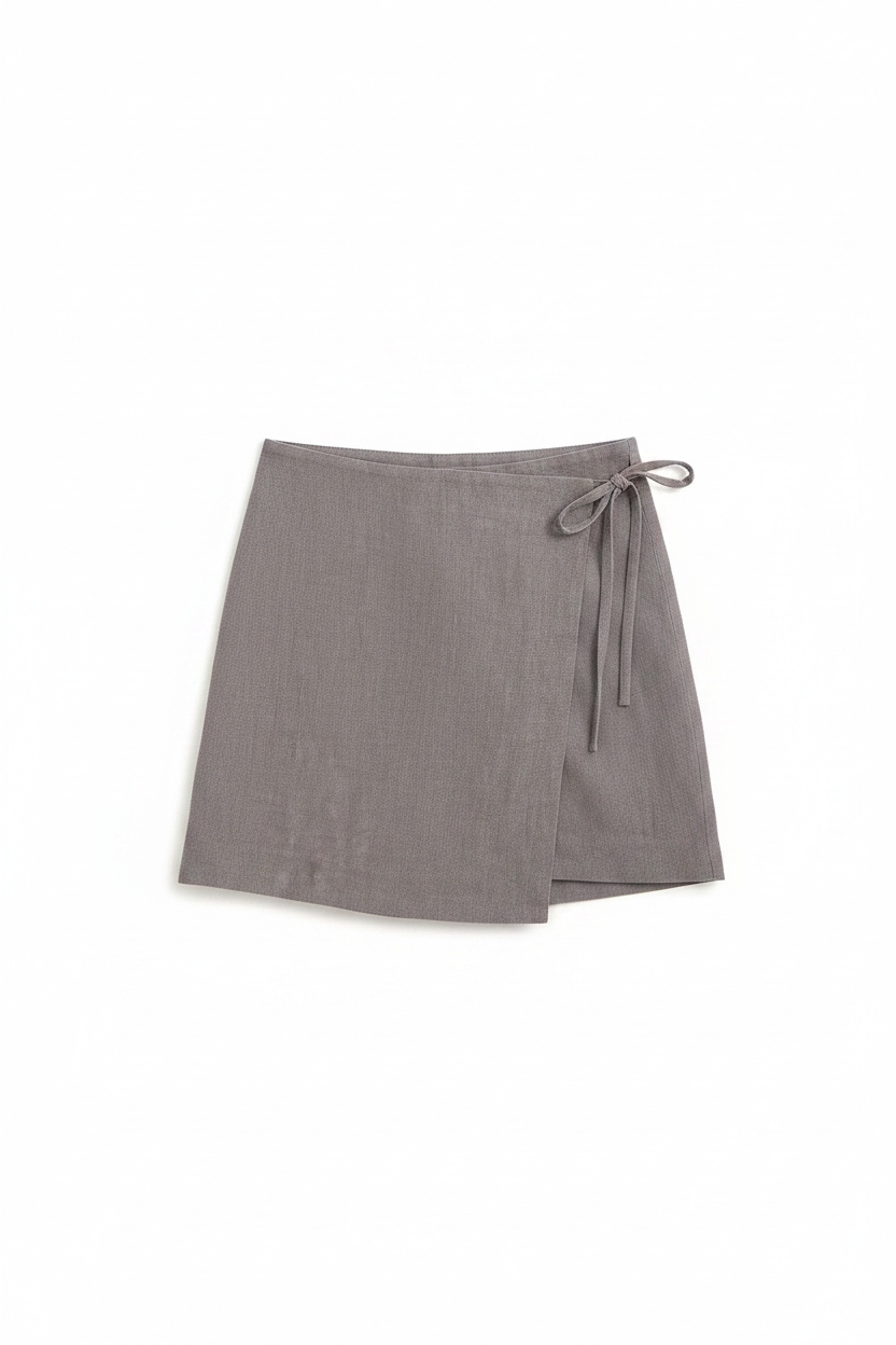 Grey Linen Blend Wrap Mini Skirt with Tie Detail zdjęcie 1