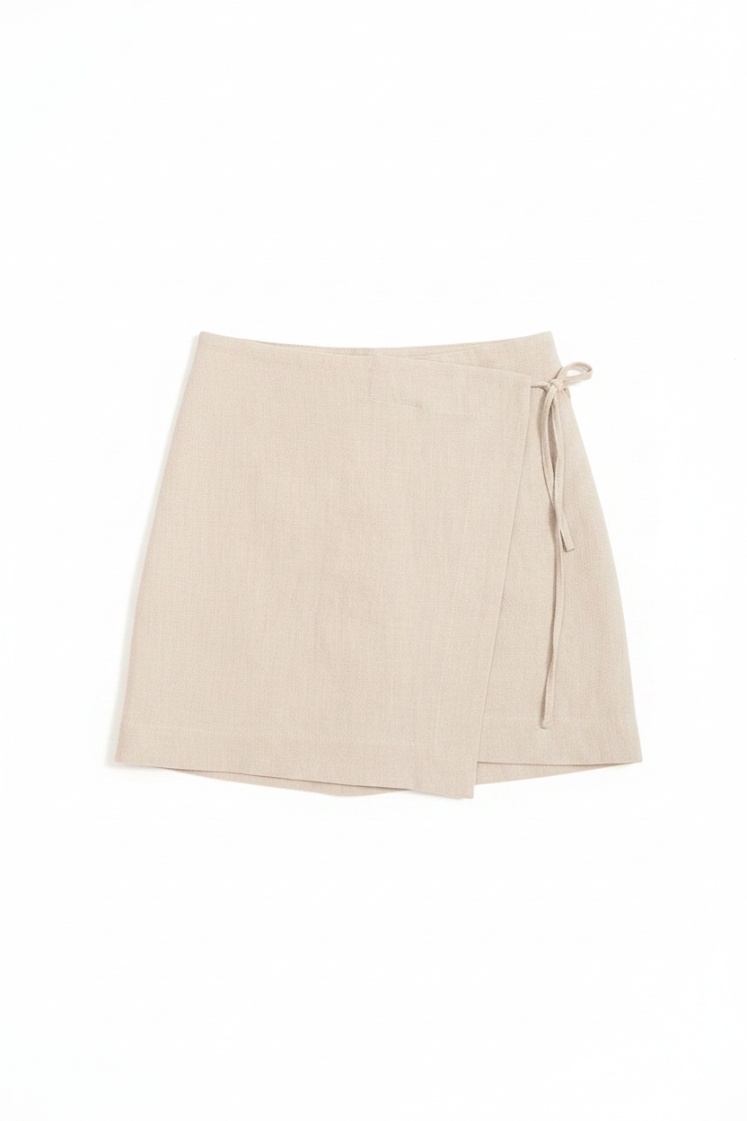 Beige Linen Blend Wrap Mini Skirt zdjęcie 1