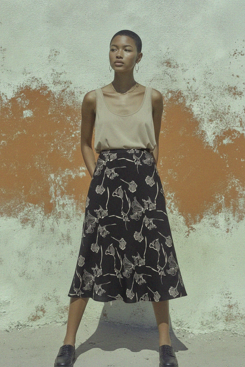 Black Floral Print Midi Skirt zdjęcie 2