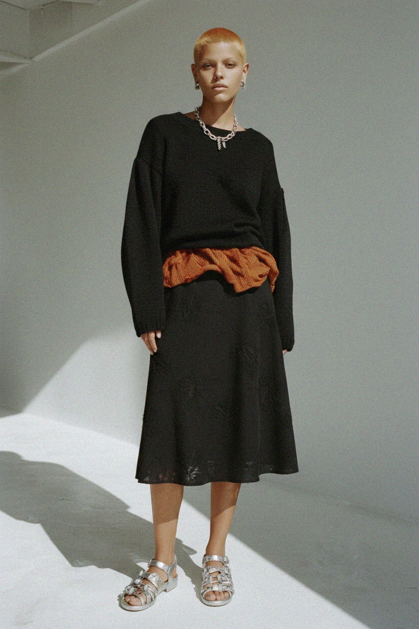 Black Textured Midi Skirt zdjęcie 3