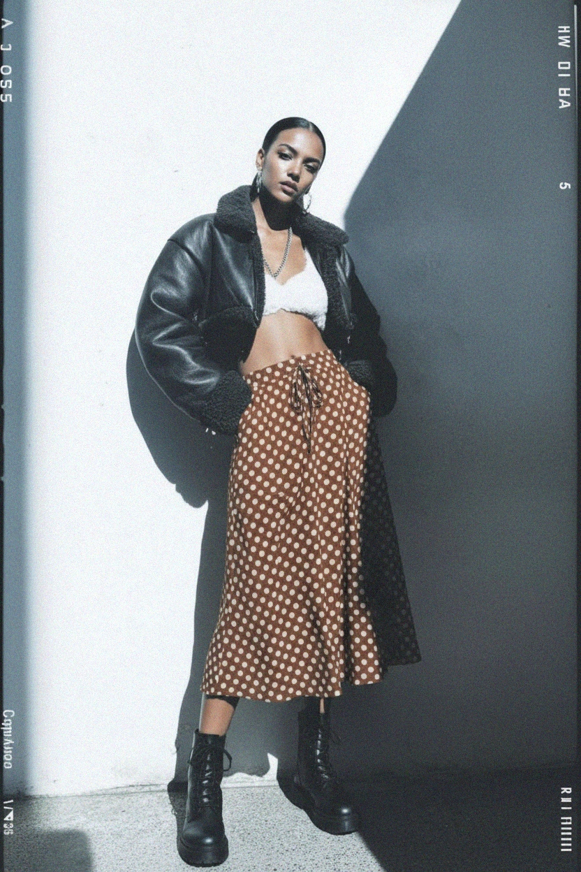 Brown Polka Dot Midi Skirt zdjęcie 3
