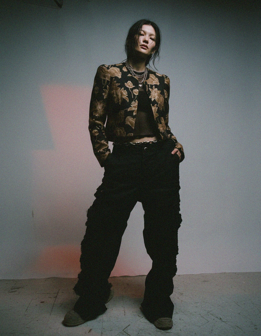 Czarna krótka kurtka w kwiatowy wzór zdjęcie 3