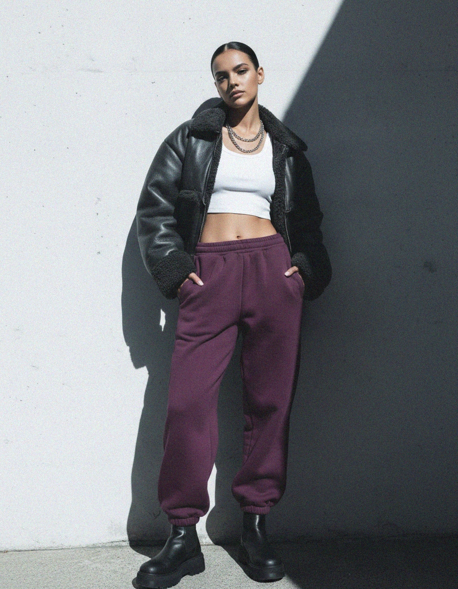 Relaxed Fit Purple Fleece Sweatpants with Cuffed Ankles zdjęcie 2