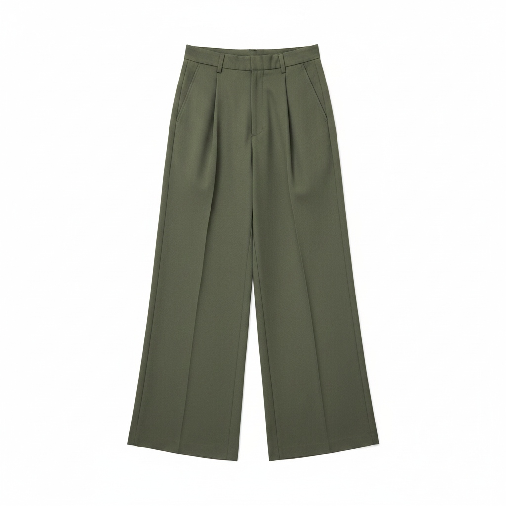 Pleated Wide-Leg Trousers - Olive Green zdjęcie 1