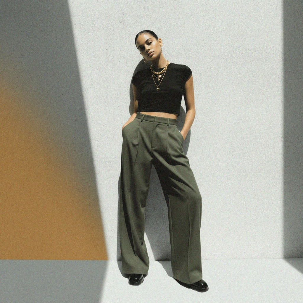 Pleated Wide-Leg Trousers - Olive Green zdjęcie 2