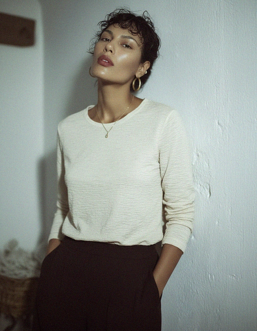 Cream Textured Long-Sleeve Blouse zdjęcie 4