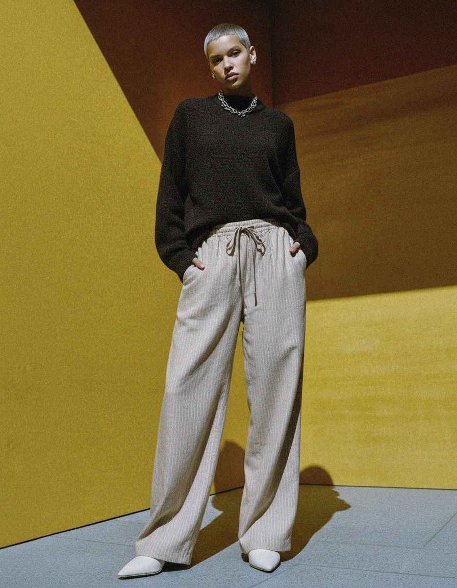 Relaxed Fit Beige Striped Wide-Leg Pants zdjęcie 2