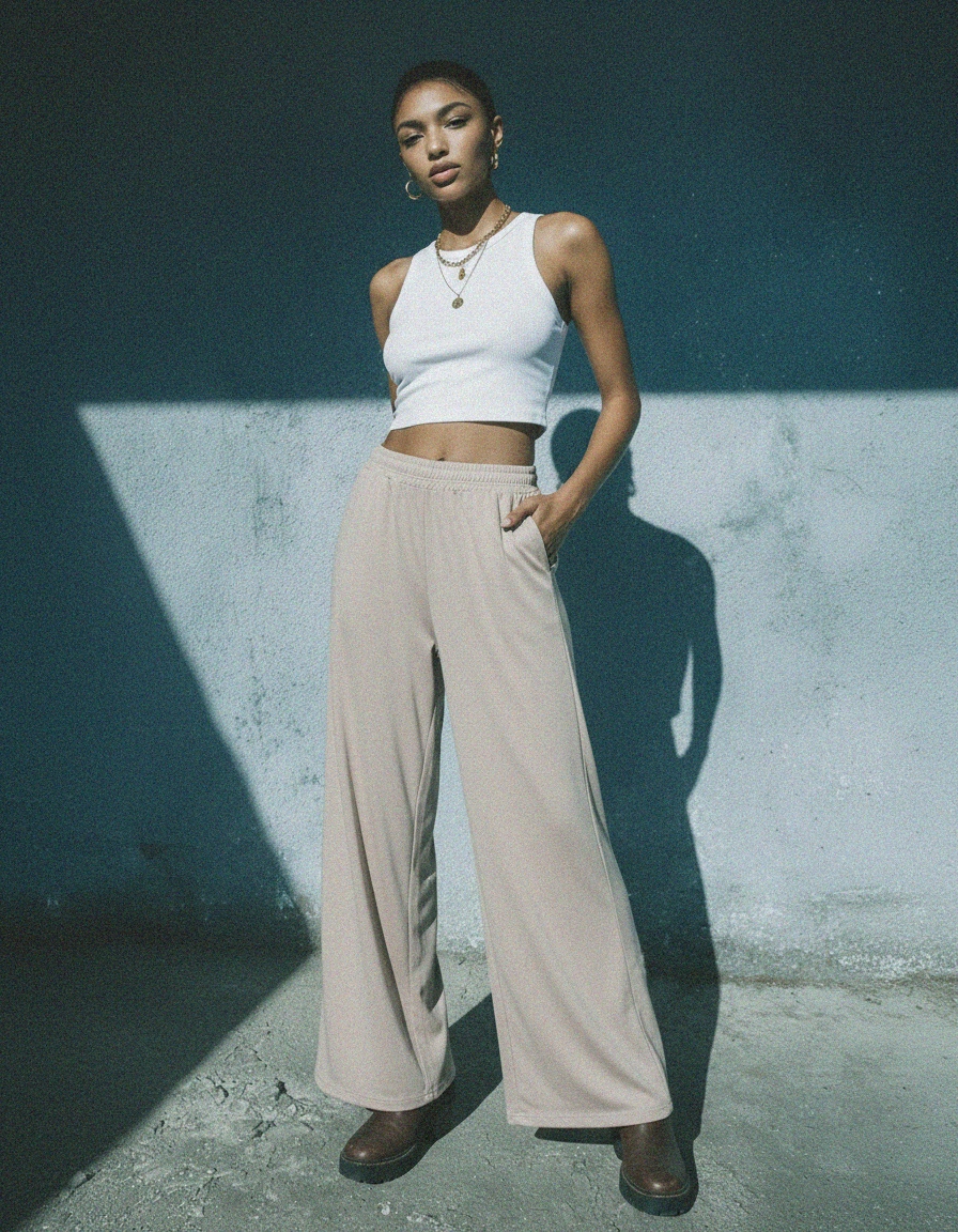 Comfortable Beige Wide-Leg Lounge Pants zdjęcie 2