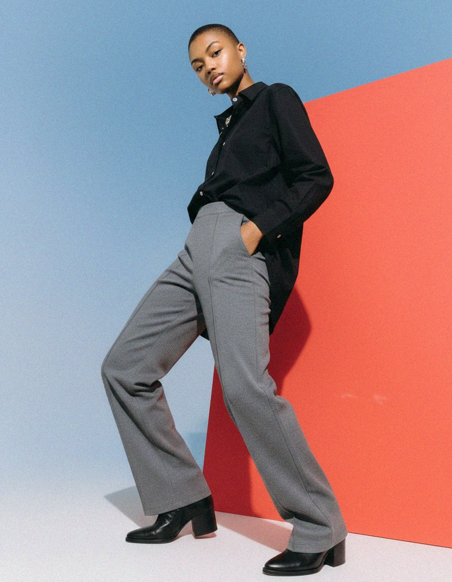 Regular Fit Grey Pants with Center Seam Detail zdjęcie 2