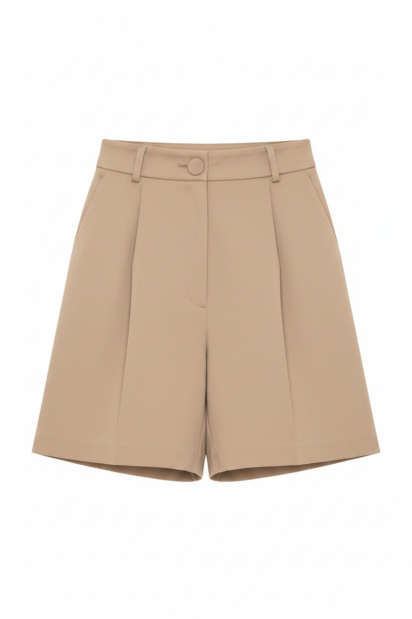Pleated High-Waist Beige Tailored Shorts zdjęcie 1