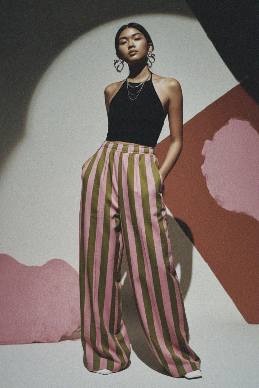 Pink and Green Striped Oversize Pants zdjęcie 2