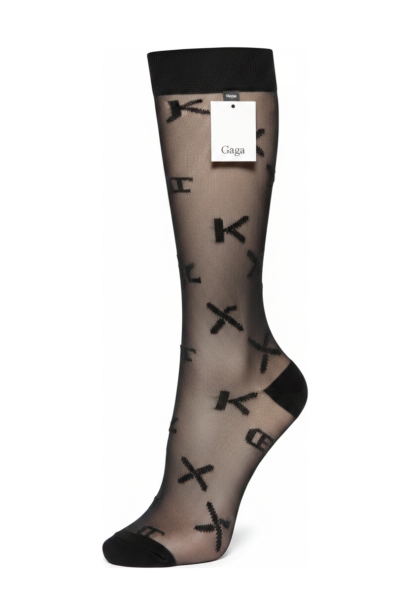 Sheer Black Letter Print Knee-High Socks zdjęcie 1
