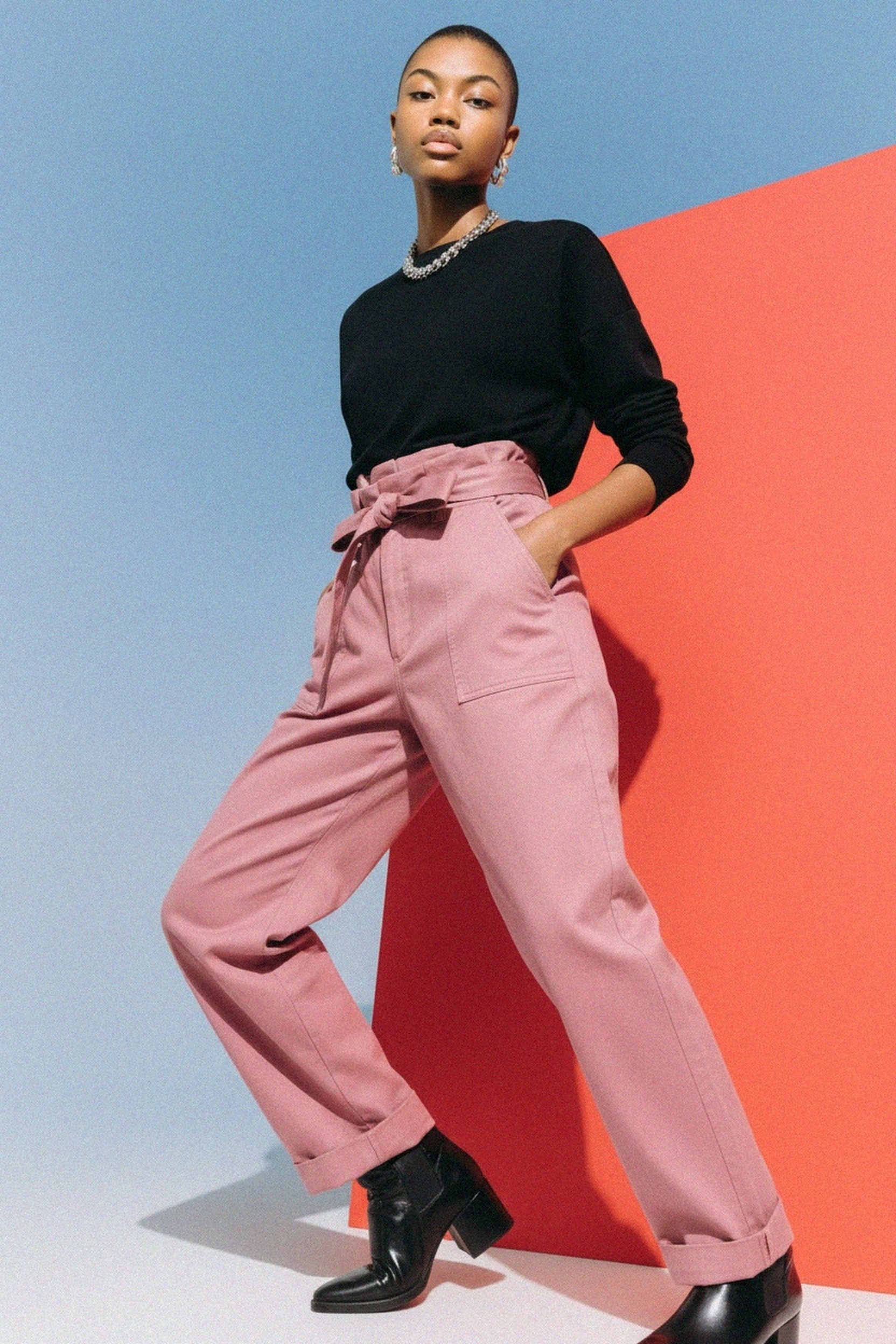 Stylish Pink Paper-Bag Waist Regular Pants zdjęcie 2