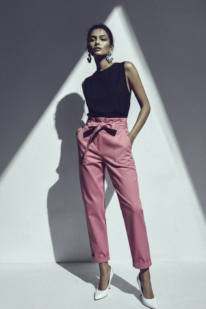 Stylish Pink Paper-Bag Waist Regular Pants zdjęcie 4