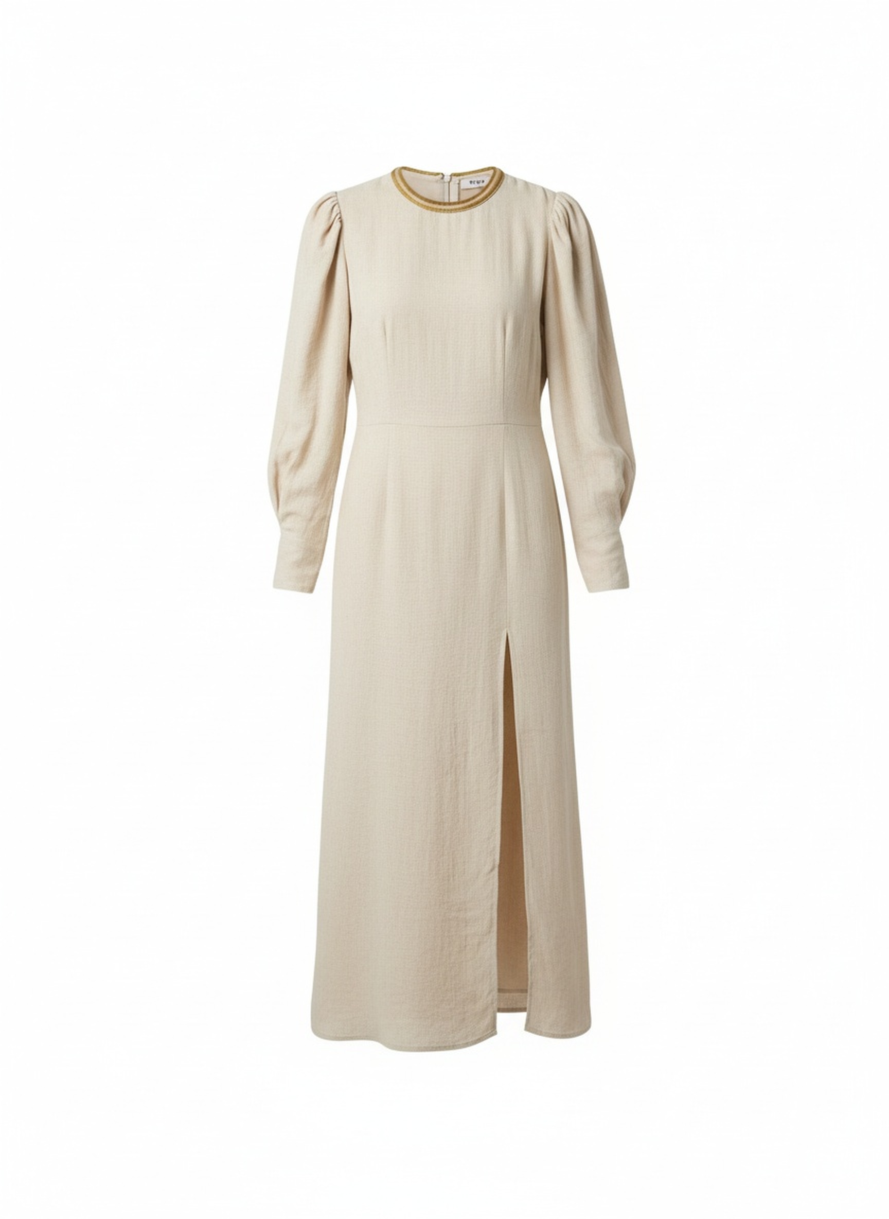 Chic Beige Midi Dress with Side Slit & Puffed Sleeves zdjęcie 1