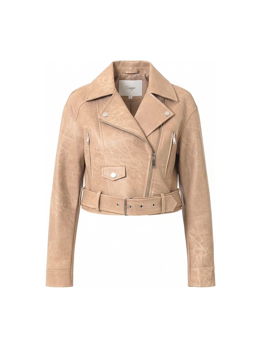 Beige Distressed Faux Leather Biker Jacket zdjęcie 1