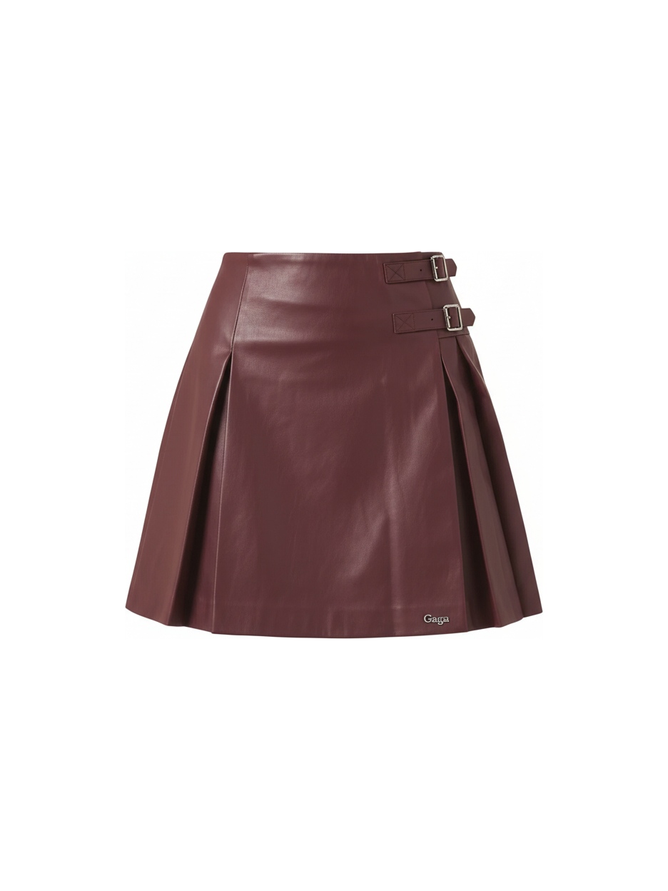 Pleated Faux Leather Mini Skirt with Buckles zdjęcie 1