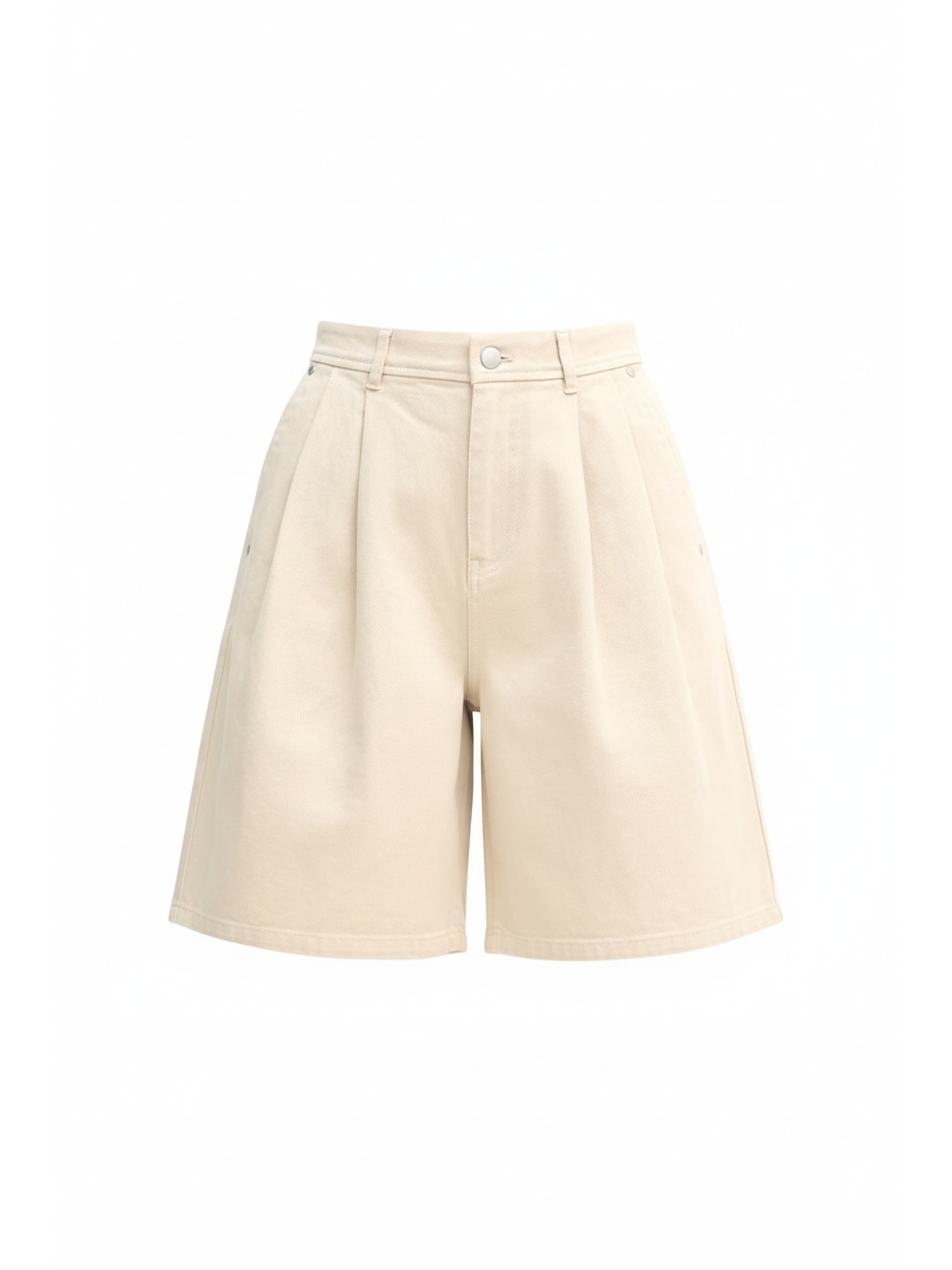High-Waisted Pleated Wide-Leg Beige Shorts zdjęcie 1