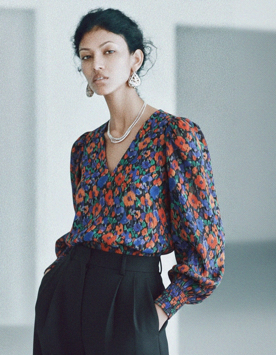 Vibrant Floral Print Blouse with V-Neck zdjęcie 3