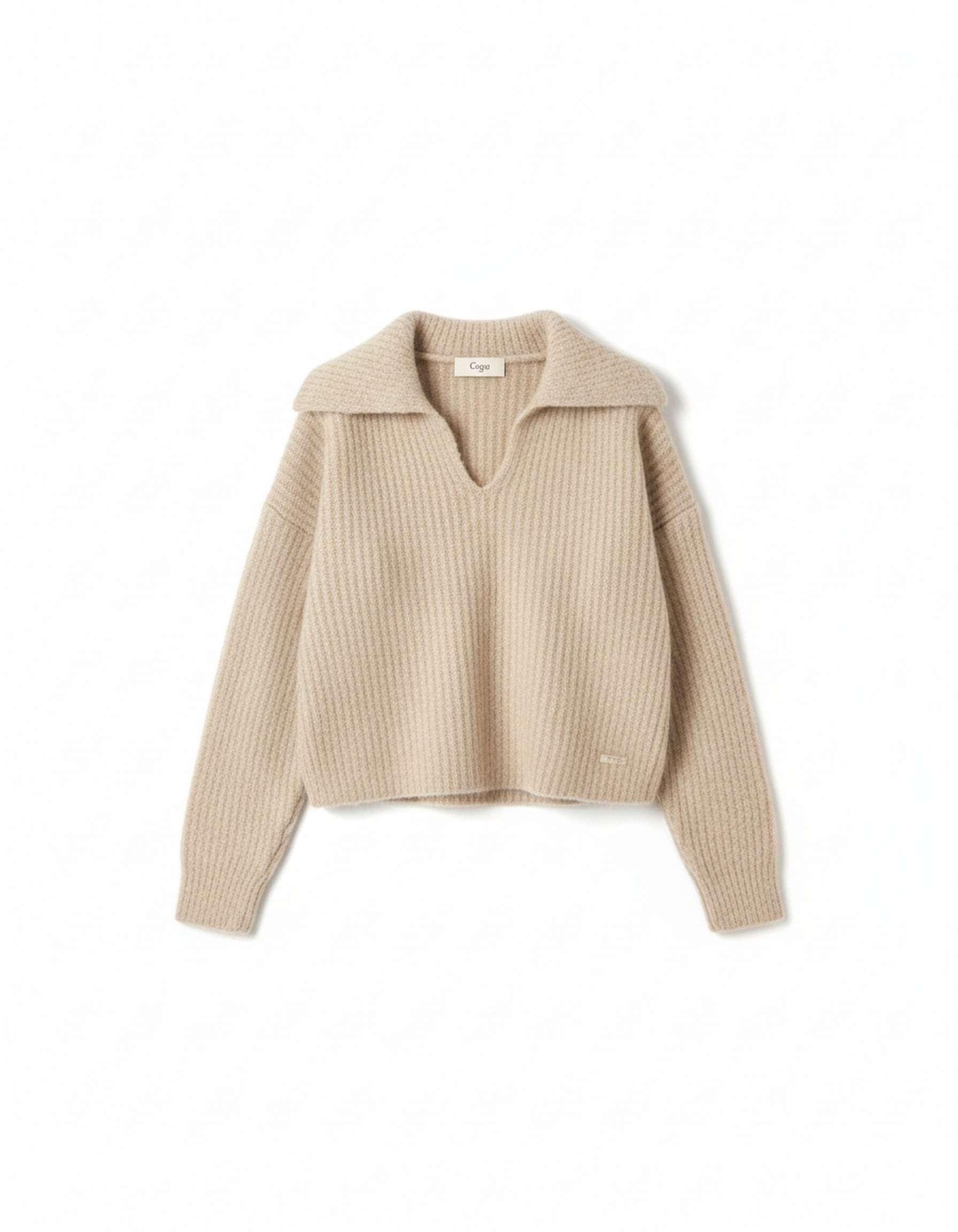 Beige Ribbed Knit Sweater with V-Neck Collar zdjęcie 1