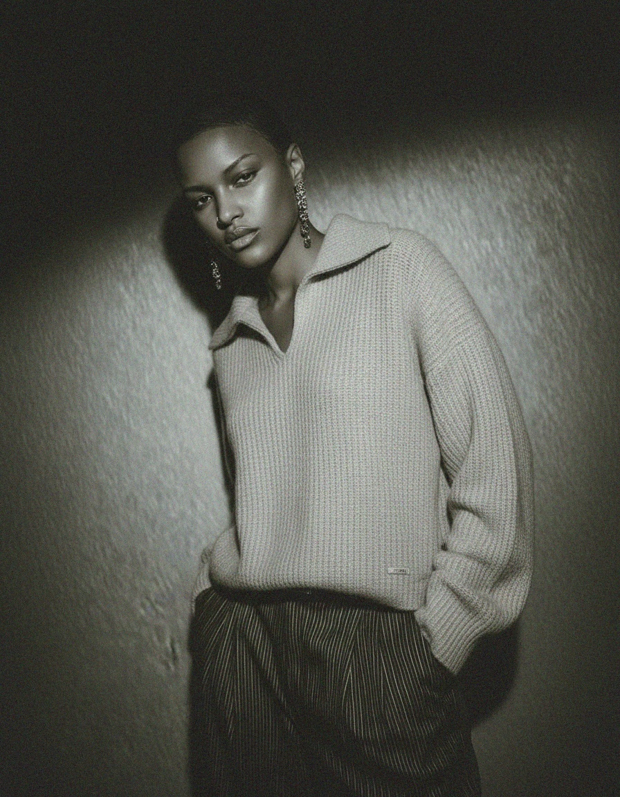 Beige Ribbed Knit Sweater with V-Neck Collar zdjęcie 3