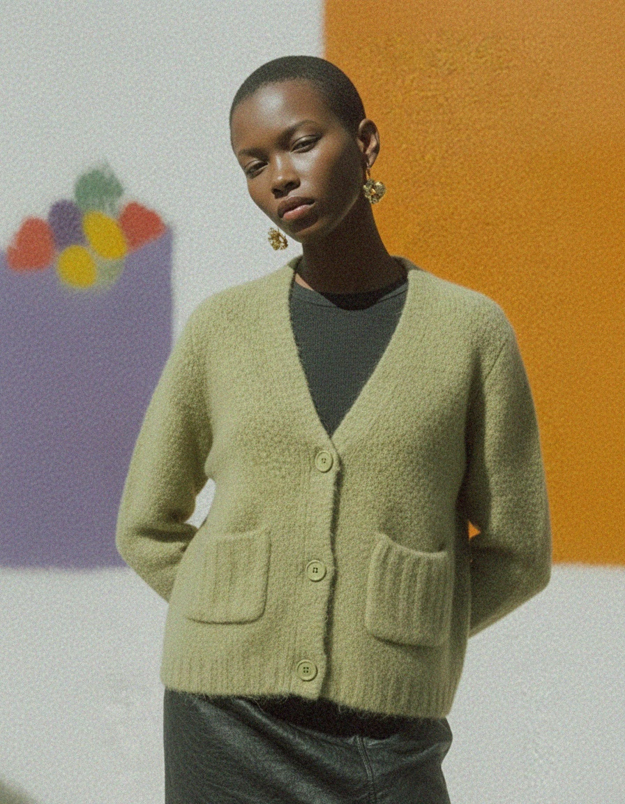 Textured Knit V-Neck Cardigan with Pockets - Green zdjęcie 2
