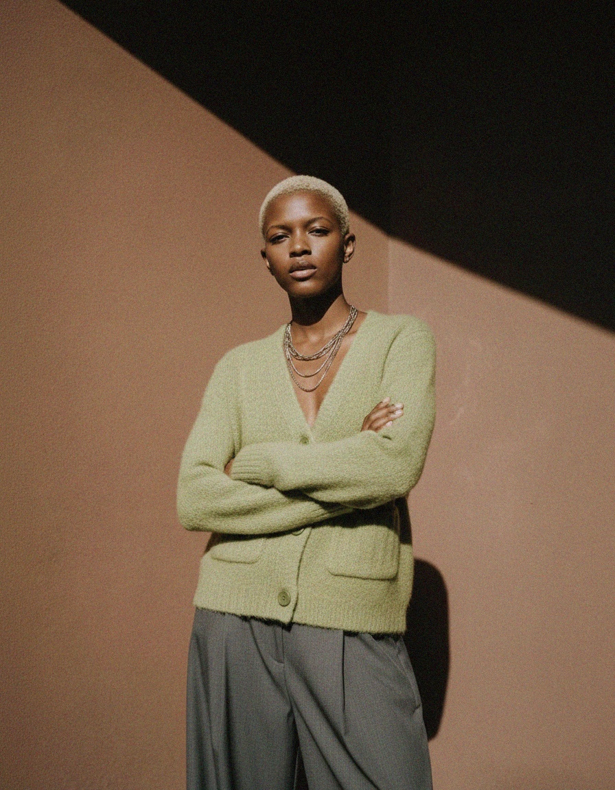 Textured Knit V-Neck Cardigan with Pockets - Green zdjęcie 3