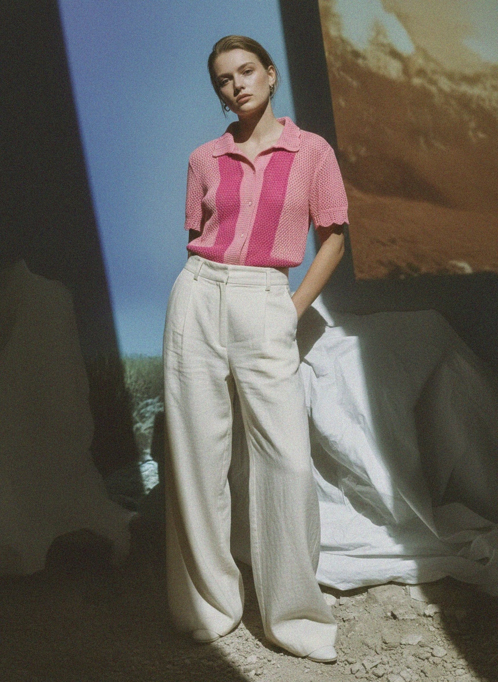 Pink Crochet Knit Short Sleeve Shirt zdjęcie 2