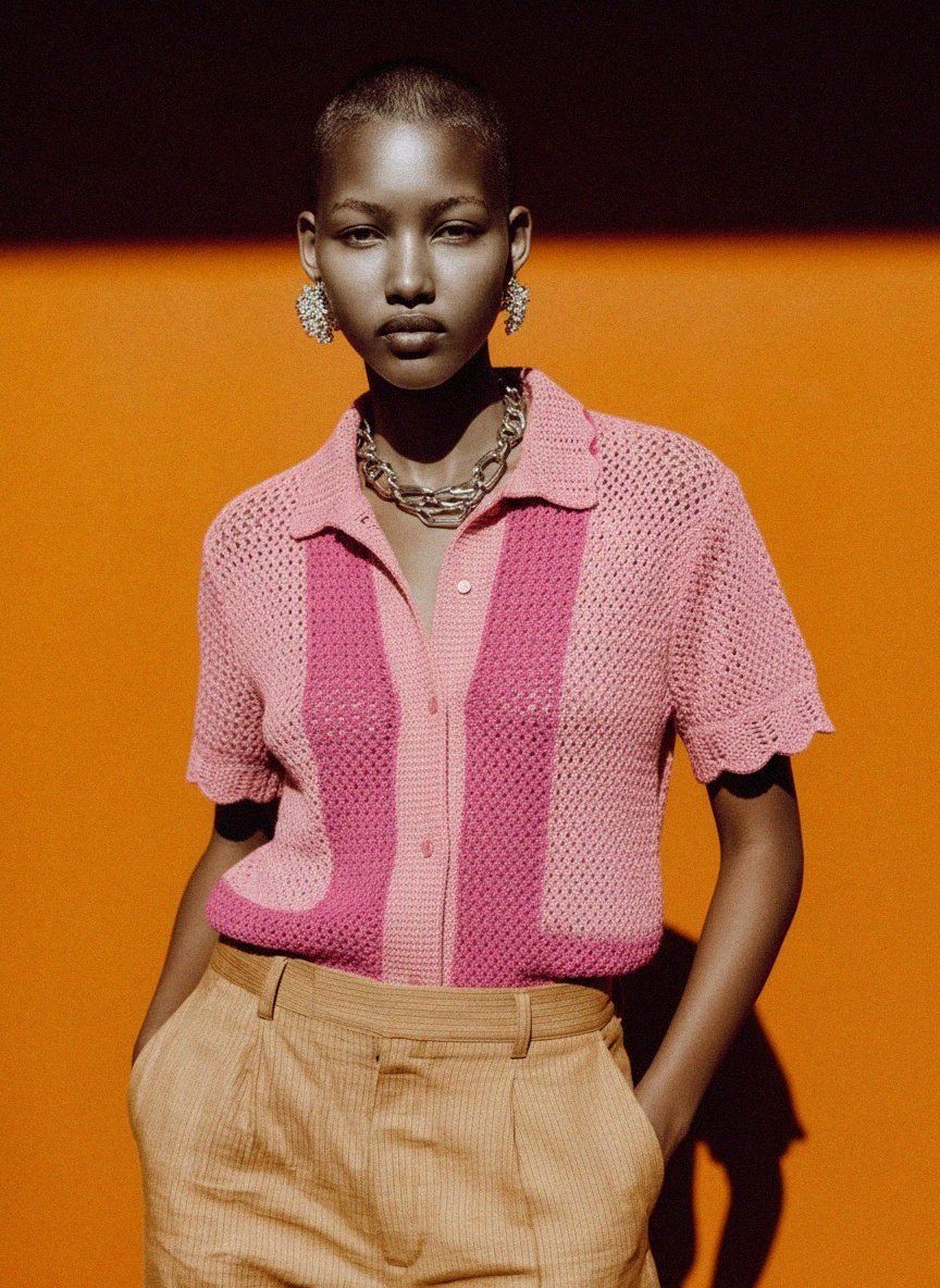 Pink Crochet Knit Short Sleeve Shirt zdjęcie 3