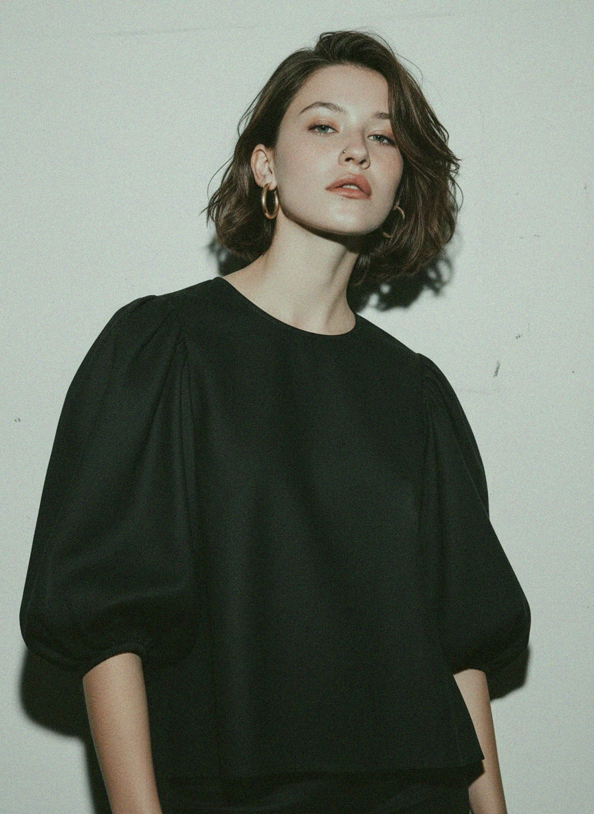 Stylish Black Blouse with Puffed Sleeves zdjęcie 3