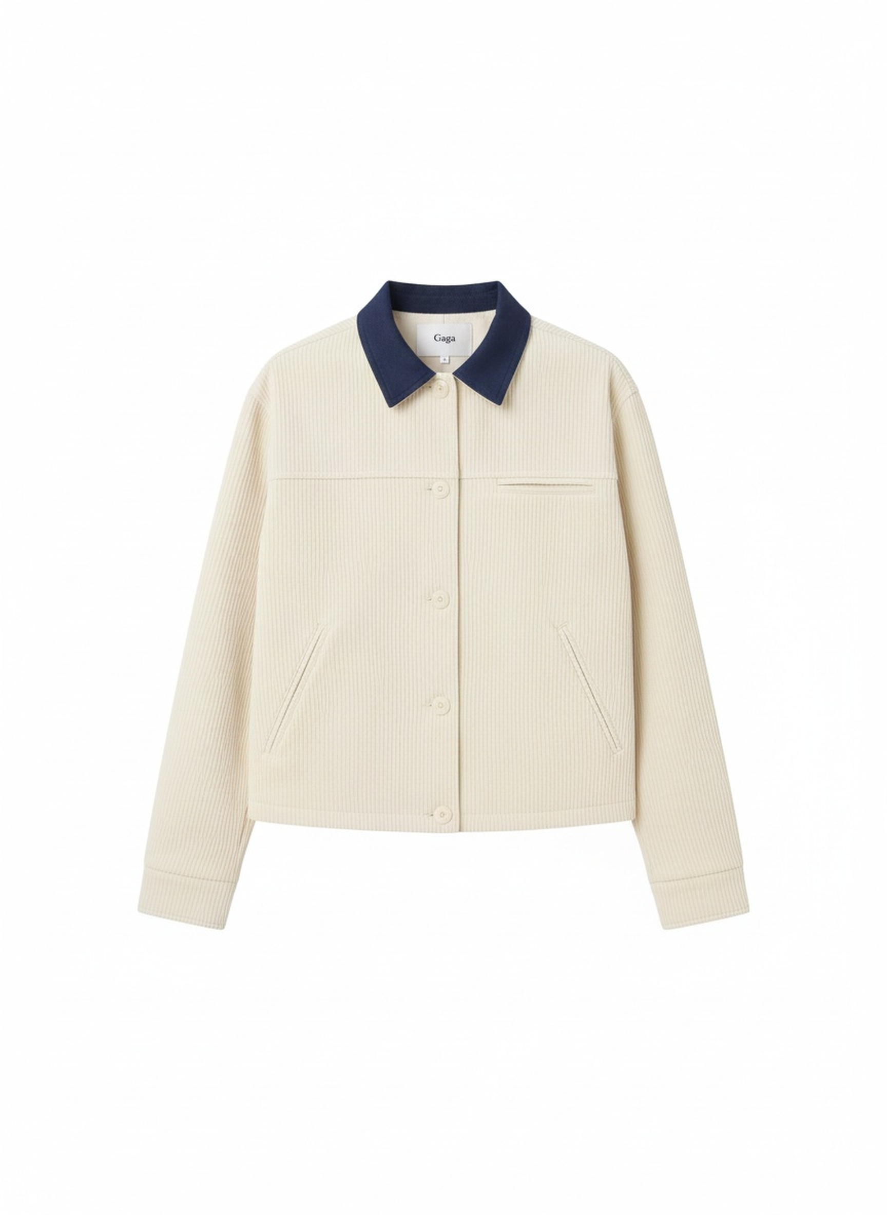 Cream Ribbed Jacket with Contrast Blue Collar zdjęcie 1